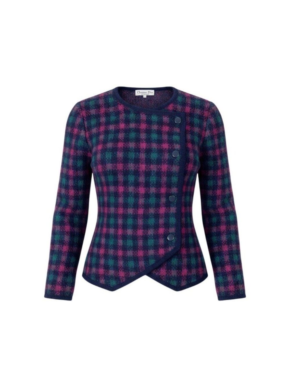 Dior Collarless Knit Jacket Plaid Wool Blend Multicolor M